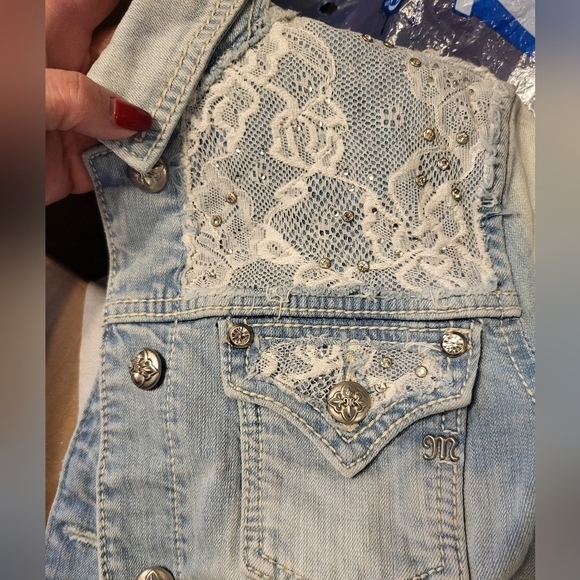 Miss Me Cropped Stone Wash Denim Med Jacket Rhinestones and Lace - Picture 9 of 15